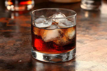 Refreshing dark beverage with ice cubes in a clear glass on rustic surface