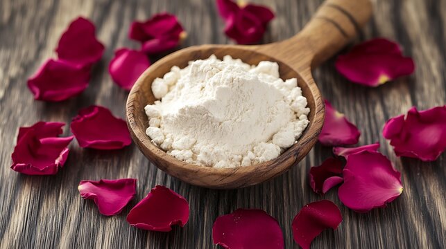 A face pack of chickpea flour water rose petals on a wooden surface