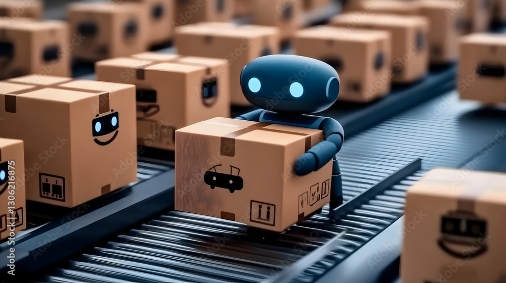 Poster illustration of a robot loading a box on a conveyor belt in a