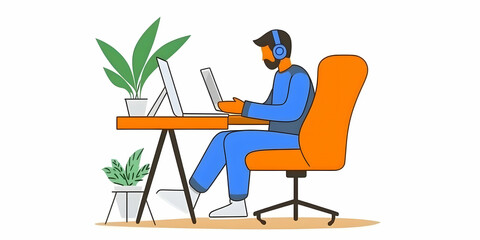 Illustration Of A Man Working On A Laptop With Plants And Headphones