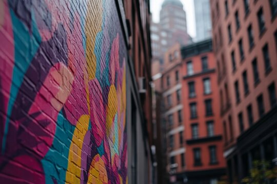 Vibrant mural featuring bold floral designs adorns a brick building, creating a striking focal point amidst the hustle of a lively urban neighborhood