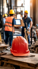A construction site with workers discussing safety measures, featuring a prominently placed red hard hat in the foreground.