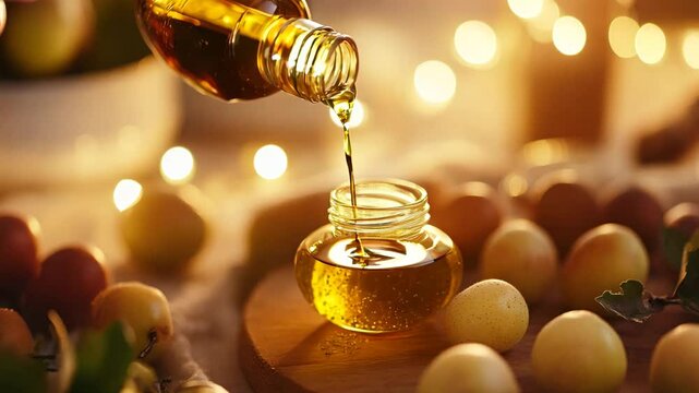 A close-up image showcasing golden oil being poured into a glass jar, surrounded by fresh yellow plums and green leaves. Captured in natural sunlight, the scene highlights the natural beauty 