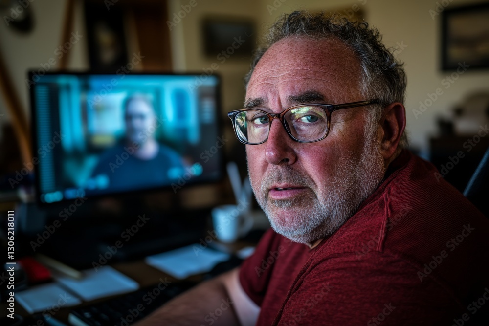 Leinwandbilder close-up view of a man in glasses, illuminated by a blue computer screen in his home office, with sc