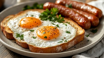 A freshly prepared plate of fried eggs on toast served with sausage links