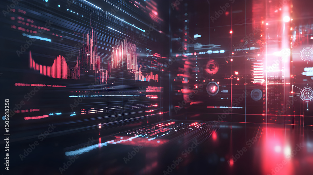 Poster creating a holographic minimalist presentation in a futuristic environment