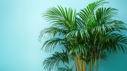 Fototapeta premium Lush green palm plant against a light blue wall, home decor, interior design