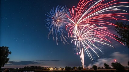 Timelapse of Fireworks Creating Streaks of Light in Red, White, and Blue the fireworks creates mesmerizing light trails, symbolizing the excitement and energy of Independence Day celebrations.