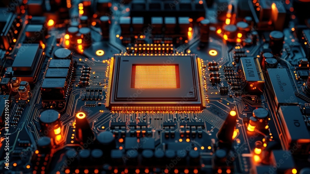 Poster a close up view of an illuminated circuit board