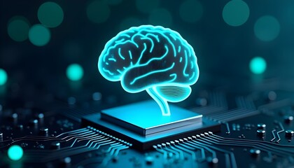 A futuristic abstract digital brain embedded with an AI microchip, glowing blue circuitry, and neon accents, representing advanced technology and innovation in artificial intelligence.
