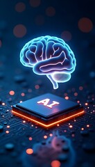 A futuristic abstract digital brain embedded with an AI microchip, glowing blue circuitry, and neon accents, representing advanced technology and innovation in artificial intelligence.
