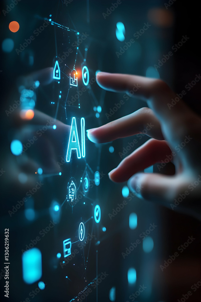 Poster human interaction with glowing ai interface showcasing advanced technology