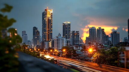Fototapeta premium Stunning City Skyline at Dusk with Vibrant Lights and Sunset Reflections in Modern Urban Landscape