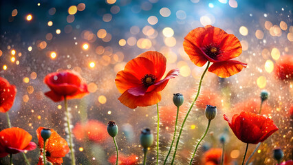 Seamless Poppies Background with Stardust Shimmer Effect. Perfect for: Memorial Day, celestial themes, dreamy art