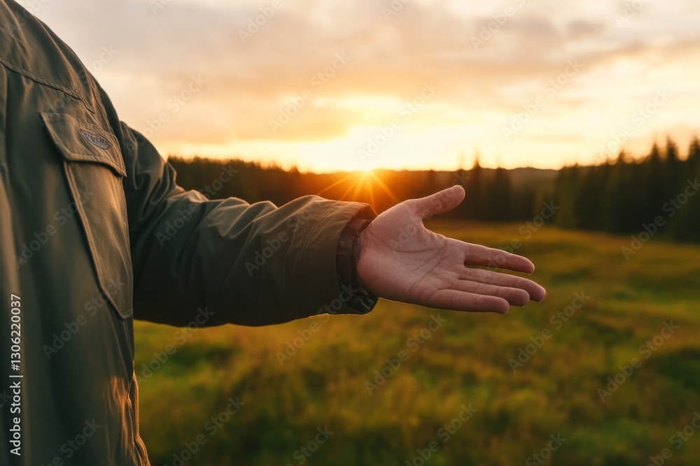 Poster a calm figure reaches out an open hand as the sun rises over a peaceful meadow, creating an atmosphe