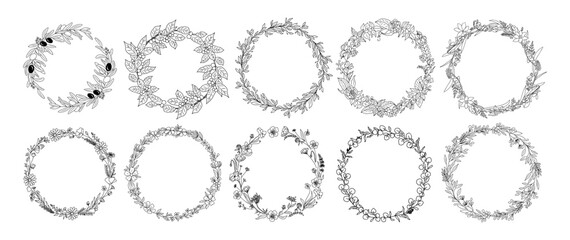Set of Hand drawn botanical wreath line art vector illustrations isolated on white background. Circle frames with leaves and flowers in black ink sketch style. Elegant decorative design element. 