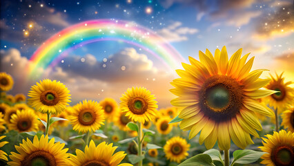 Seamless Sunflowers Background with Rainbow Mist Effect. Perfect for: Children's designs, fantasy themes, joyful projects
