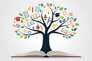 holistic education creativity ethical Illustration of a tree growing from an open book with educational icons.