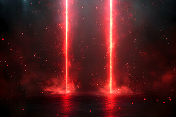 Intense Red Light Beams Cutting Through Dark Space with Sparkling Particles