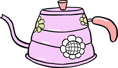A charming hand-drawn illustration of a pink teapot with a gooseneck spout, floral decorations, and a pastel color scheme