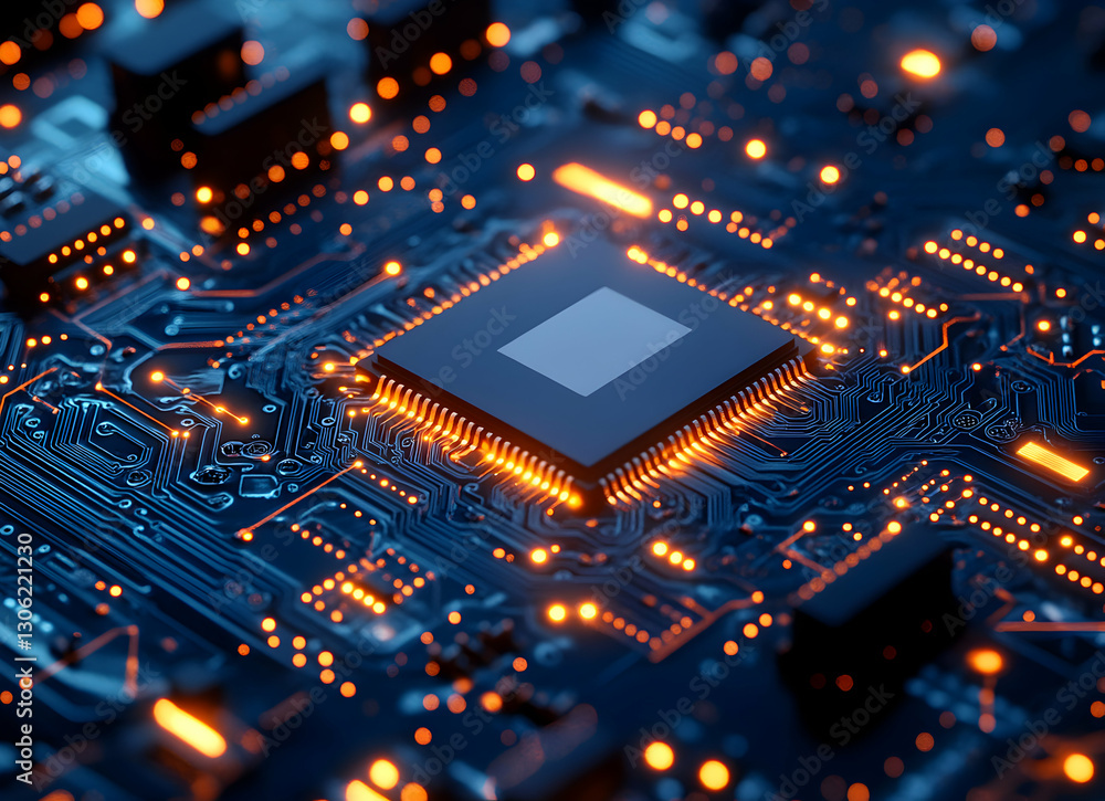 Poster intricate circuit board design with glowing light rays and a chip