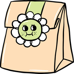 A playful digital illustration of a beige lunch bag sealed with a smiling flower clip, featuring a green and white color scheme