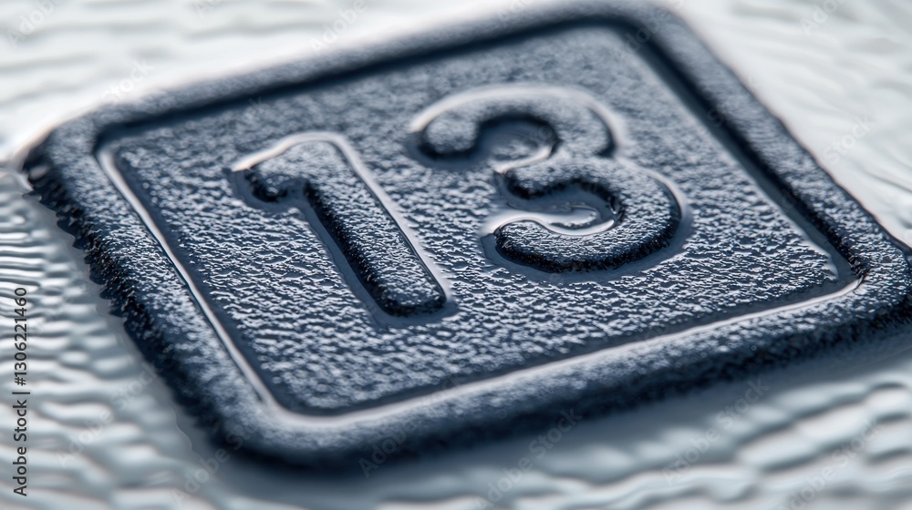 Poster close-up of textured surface with number thirteen embossed design