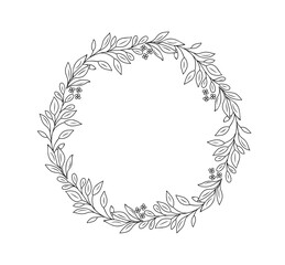 Hand drawn botanical wreath line art vector illustration isolated on white background. Circle frame with leaves and flowers in black ink sketch style. Elegant decorative design element.