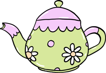 Hand-drawn illustration of a decorative teapot with pastel colors, floral patterns, and a whimsical cartoon style, perfect for tea lovers