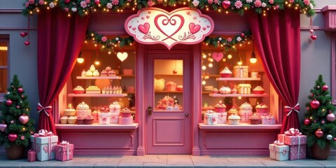 Fototapeta premium A charming pink confectionery shop decked out for the holidays, showcasing an array of delightful pastries and presents