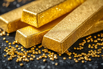 Luxurious gold bars and precious jewelry on a sleek black background