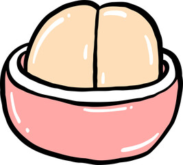 Playful hand-drawn illustration of a round bread roll with a split top, served in a pink bowl,...