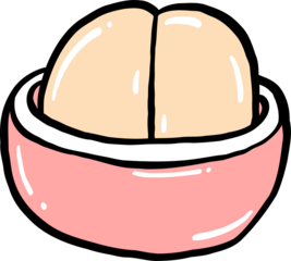Playful hand-drawn illustration of a round bread roll with a split top, served in a pink bowl, featuring a cartoon-style design