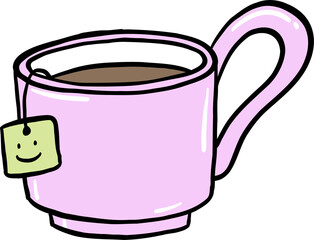 Playful hand-drawn illustration of a pastel purple tea cup filled with tea, featuring a smiling tea bag in a fun cartoon style