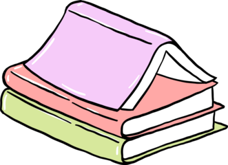 Playful hand-drawn illustration of a stack of books in pastel colors, featuring an open book on top, drawn in a simple cartoon style
