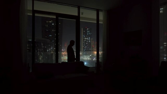 Silhouette of a lonely man in a city apartment looking out the window at nighttime - concept: insomnia, noisy city, lonely, anxiety, depression, tired, city life