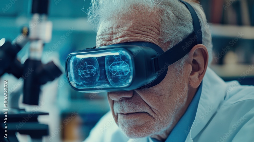 Poster scientist explores new technology using virtual reality goggles in laboratory setting during daytime