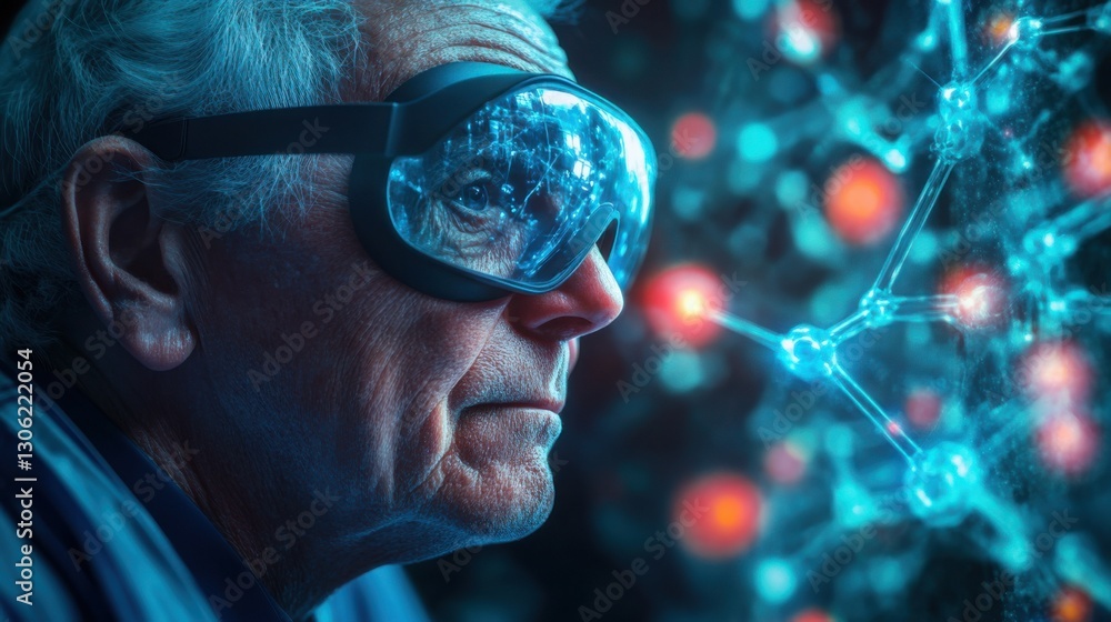 Poster elderly scientist contemplating molecular structures in a futuristic laboratory setting
