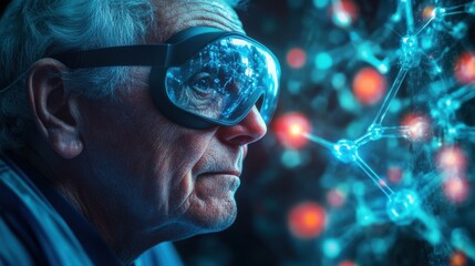 Elderly scientist contemplating molecular structures in a futuristic laboratory setting