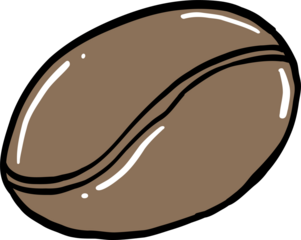 Simple hand-drawn illustration of a single coffee bean in brown tones, featuring a cartoon-style design with bold outlines and highlights