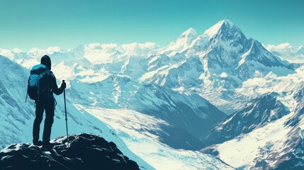 Solo mountaineer with trekking poles, looking at vast snow-covered
