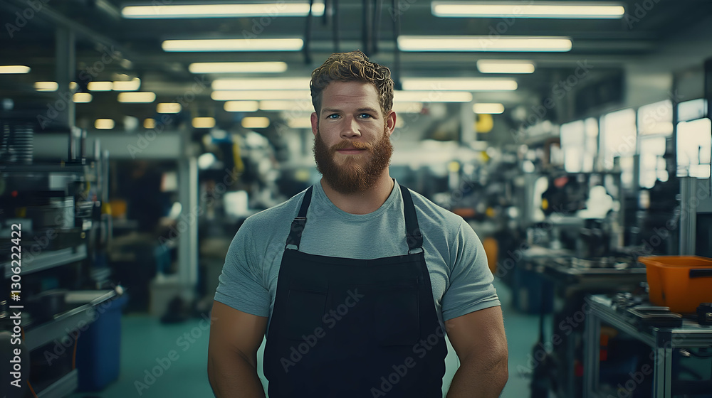 Poster portrait of a bearded man in an apron smiling in a workshop photo