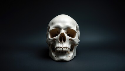 View of a human skull from the front set against a dark background.