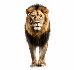 Fototapeta premium Majestic Lion Portrait, Intense Gaze and Powerful Presence Against White