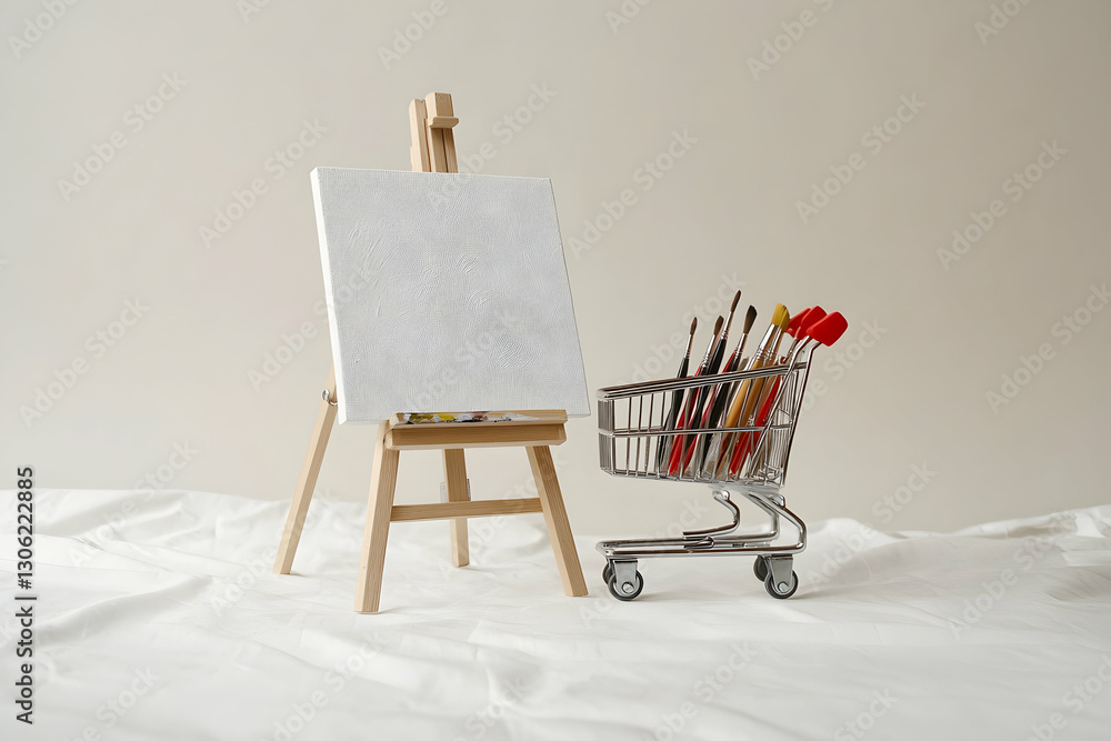 Poster minimalist art studio setup with blank canvas and paintbrushes in a shopping cart