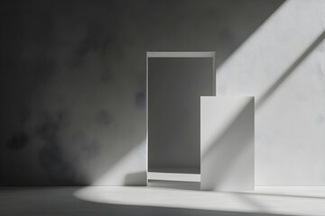 Minimalist architectural space with sunlight and geometric forms creates a serene and contemplative ambience