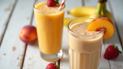 Revitalizing smoothie blends featuring nectarine or peach on a rustic wooden surface. Creamy apricot shake. A banana smoothie in a glass.