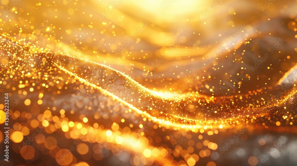 Poster a mesmerizing display of glowing gold particles emitted against a soft white background, creating an