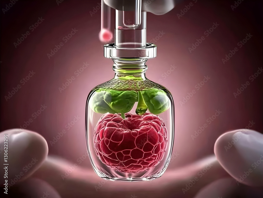 Poster realistic image of a raspberry inside a glass bottle held by two