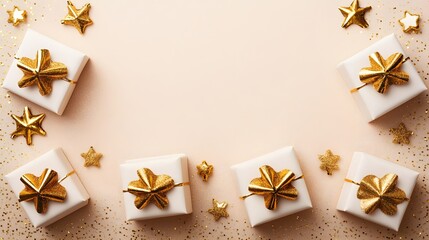 Elegant Gold & Beige Gift Boxes with Stars Christmas New Year Festive Background